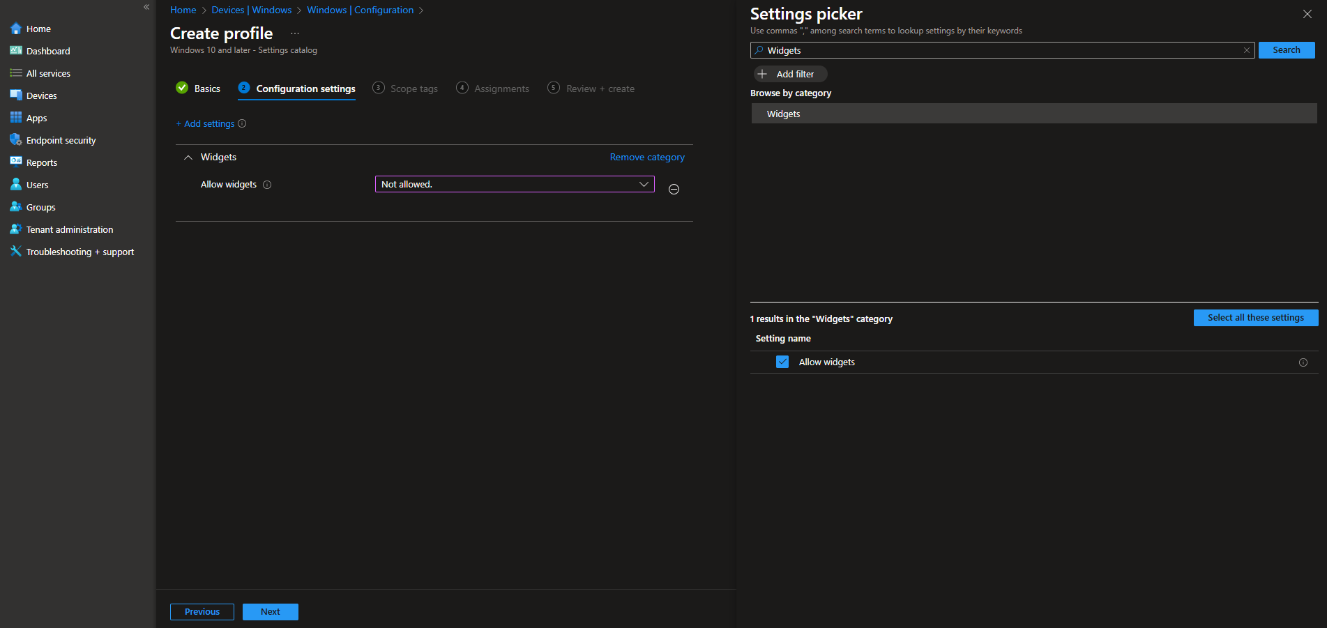 Configuring Allow Widgets setting in Intune